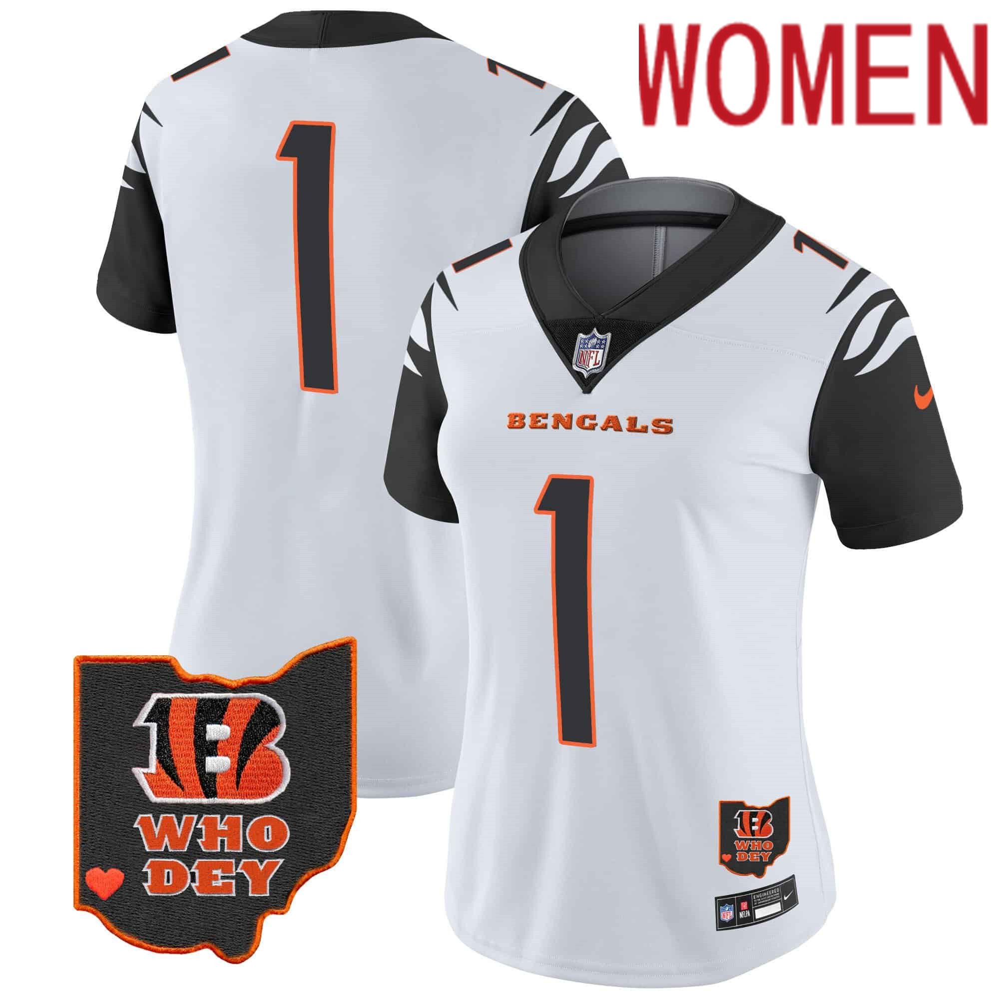 Women Cincinnati Bengals #1 Chase White 2024 Nike Patch Vapor Limited NFL Jersey style 3->women nfl jersey->Women Jersey